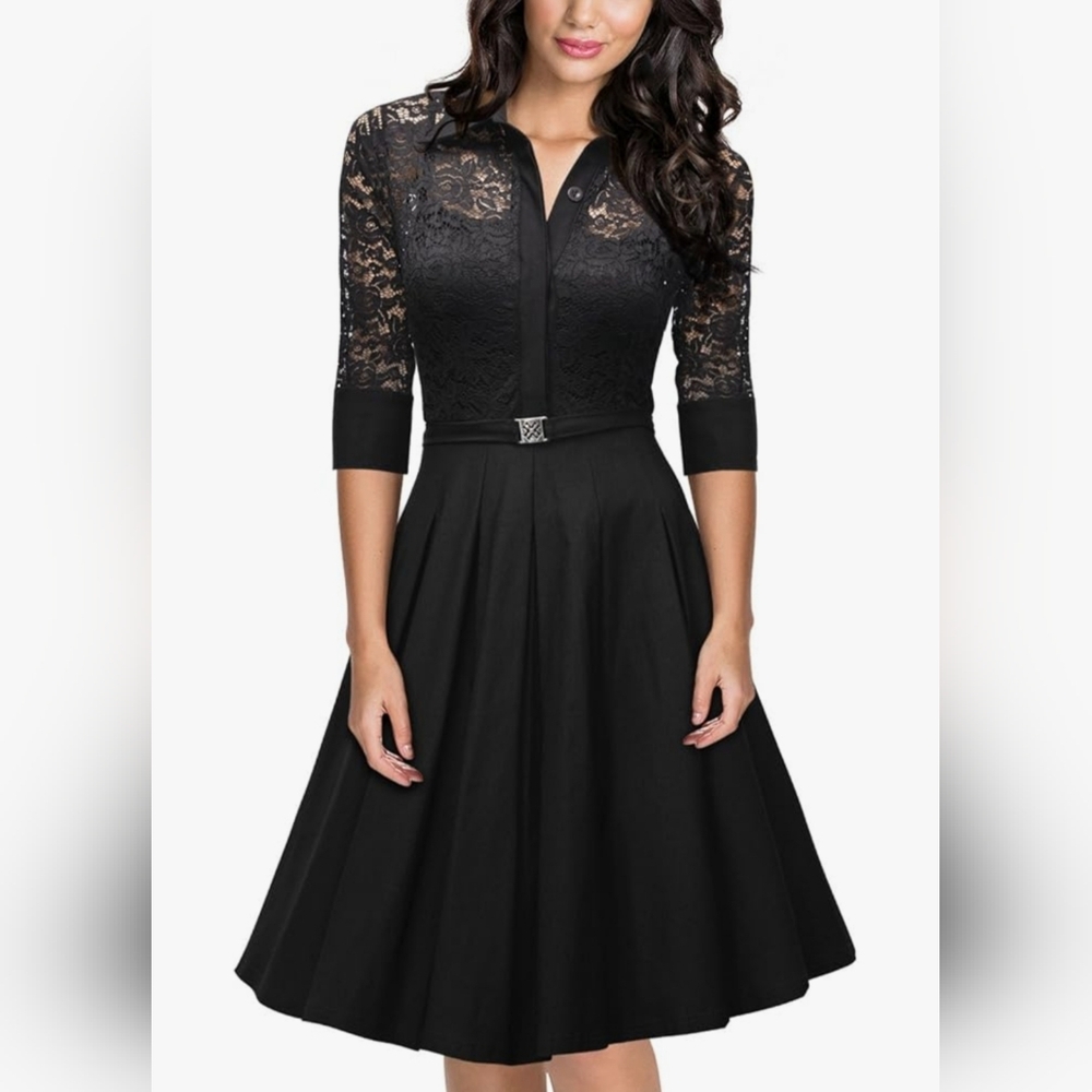 Miusol Vintage 1950s Style 3/4 Sleeve Black Lace Flare A-line Dress